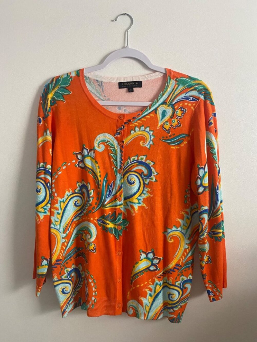 Joseph A. Orange Paisley Button-Front Long Sleeve Cardigan Sweater Size L